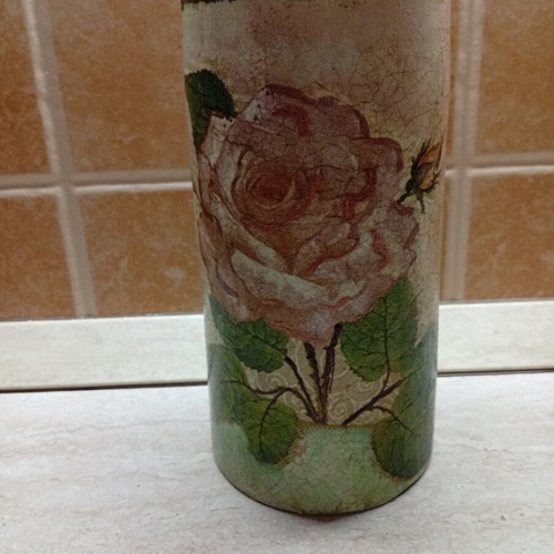 Handmade ceramic vase vintage with decoupage rose