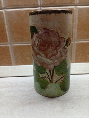 Handmade ceramic vase vintage with decoupage rose