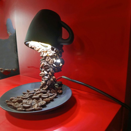 Handmade table lamp with porcelain, coffee beans, and 12 LED lights