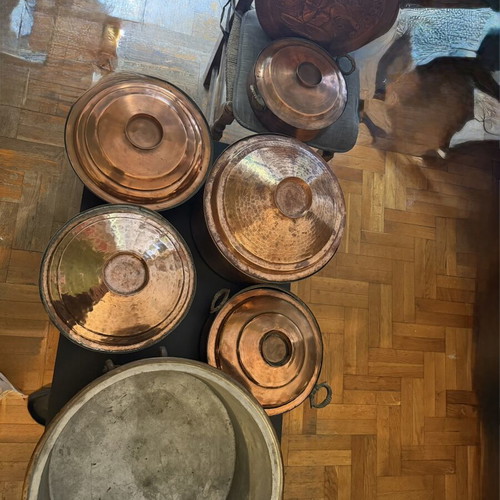 Copper cookware collection like new with embossed Justice decorative plate