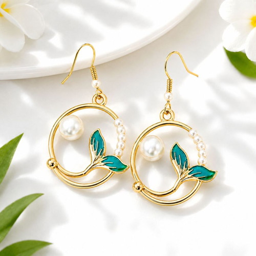 Handmade Mermaid's Pearl Earrings gold hoops with pearls and mermaid tail