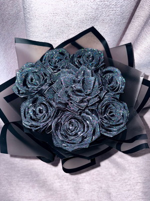 Handmade satin flower bouquet made to order, black with glitter
