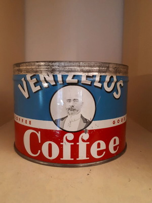 Metal coffee tin with Eleftherios Venizelos portrait used
