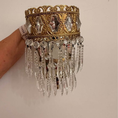 Brass wall lights set like new, pair with crystals
