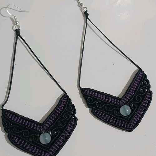 Macrame hanging earrings new, black and purple with silver 925 hook