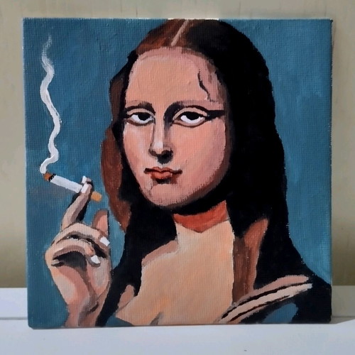 Mona Lisa smoking canvas painting new, acrylic 13×13 cm