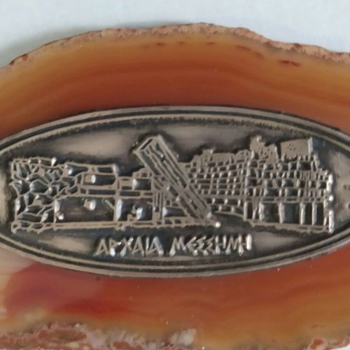 Commemorative plaque Ancient Messene used, 925 silver on geode slice