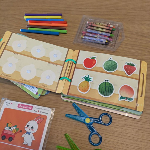 Busy books, Crayola scissors, find the differences sheets, and crayons like new