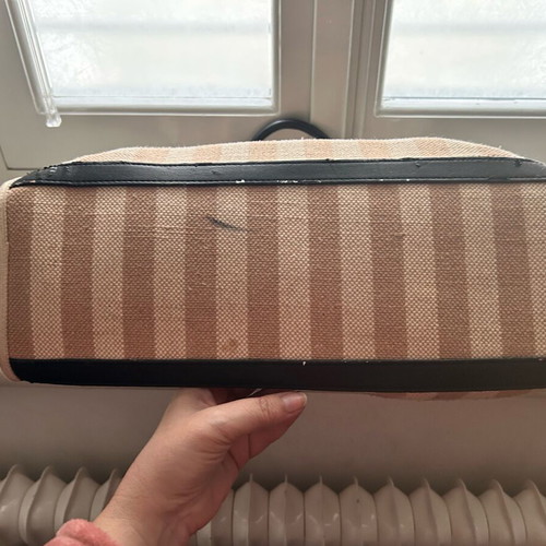 La Carrie large tote bag used, beige striped canvas with leather handles