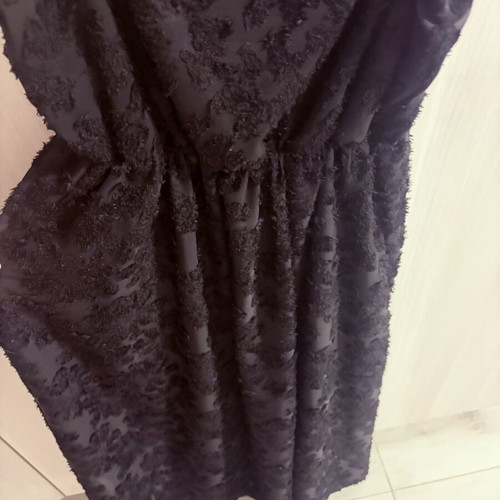 Black evening dress like new, embossed fabric, elastic waist, 7/8 length