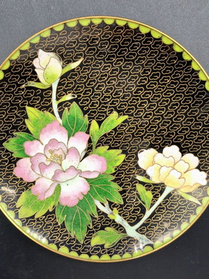 Vintage Chinese Cloisonné Plate with Peonies 13 cm like new