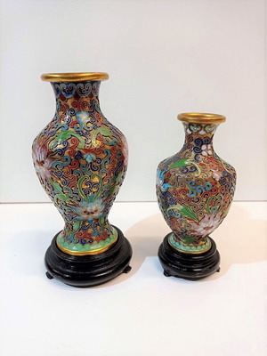Pair of old handmade cloisonné vases like new with bases