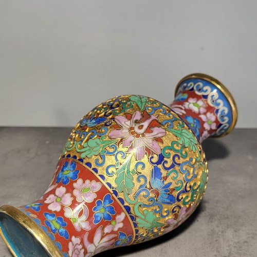 Handmade Cloisonne Vase like new with bronze floral designs