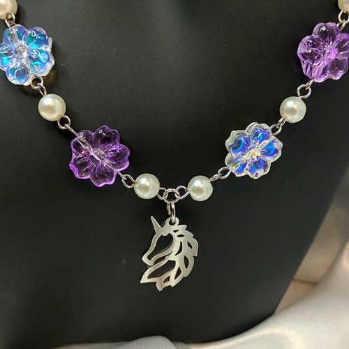 Handmade unicorn necklace new with glass flowers and imitation pearls