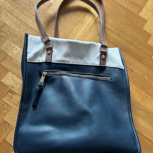 Shoulder Bag used, beige and blue with pockets
