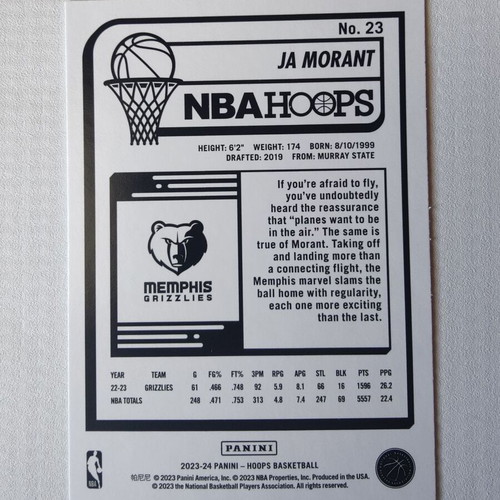 Panini NBA Hoops 2023-24 Ja Morant Neon Green Basketball Card new