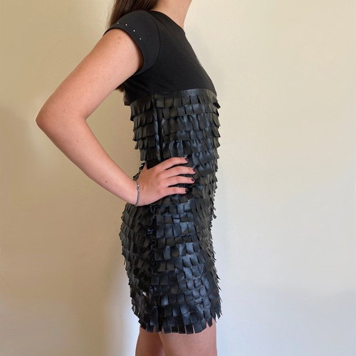 Black leather mini dress Raxevsky new, with fringes and zipper