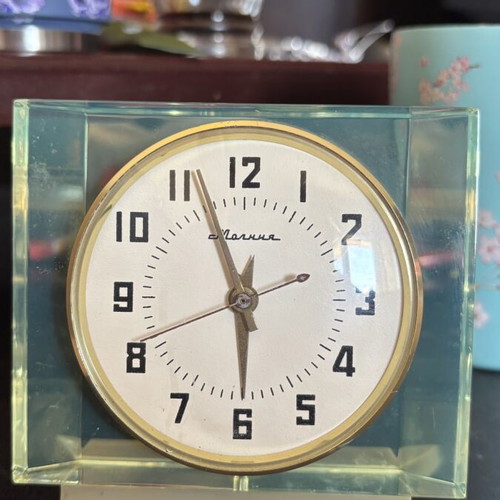 Molnija vintage Soviet table clock used, mechanical winding