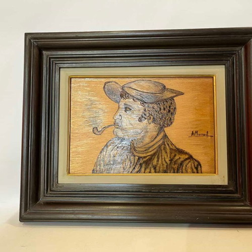 Vintage pyrography wall art with sailor depiction and artist signature used