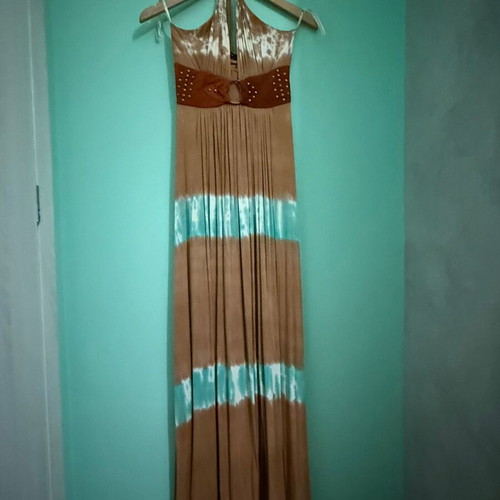Sky boho maxi cotton dress with tie-dye and leather detail used