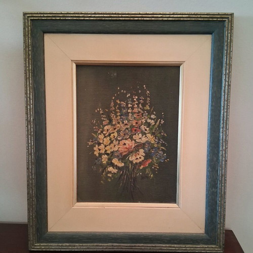 Framed floral artwork like new with wooden olive frame