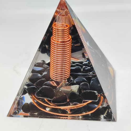 Orgonite pyramid with black obsidian and copper like new