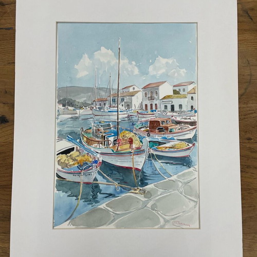 Watercolor by Giorgos Papadoperakis featuring Fishing Boats in passepartout