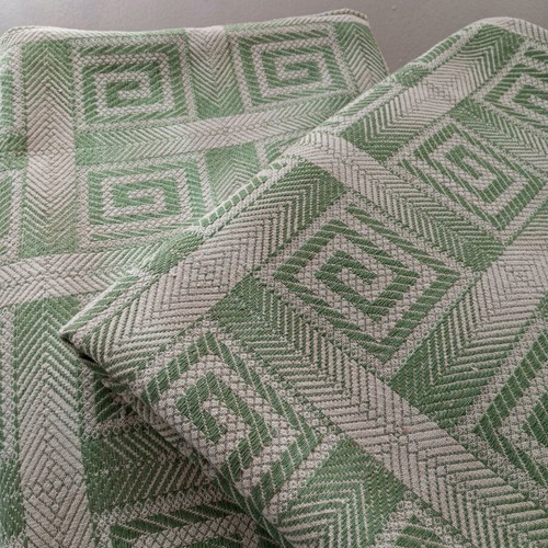 Set of 2 vintage woven blankets with meander pattern, sage green and beige