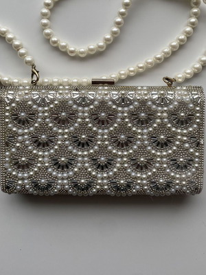 Women's silver evening clutch bag with pearls like new