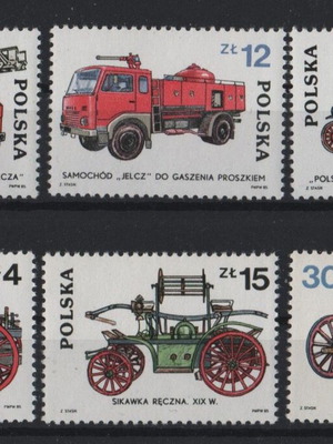 Poland 1985 Fire Trucks Complete Stamp Set mint condition