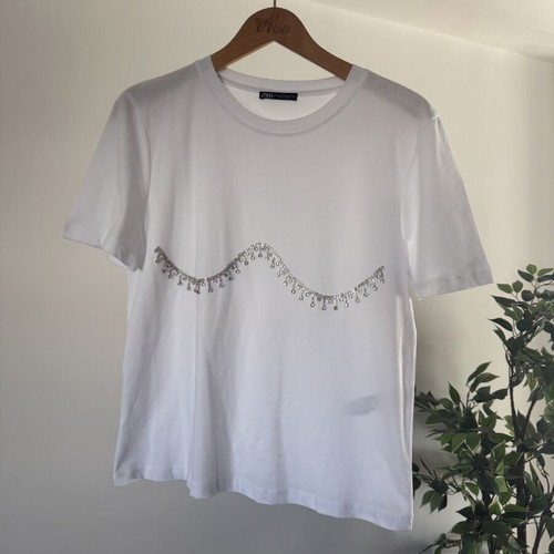 Zara Diamante Bra Effect White T-Shirt Size L