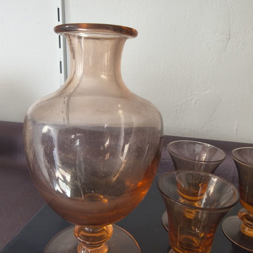 Vintage amber glass drink set with decanter and 6 glasses, 1970s