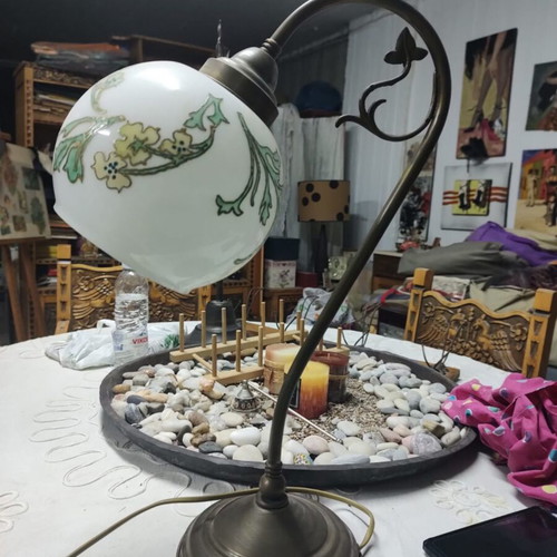 Handmade table lamp used, hand-painted with enamel, bronze base