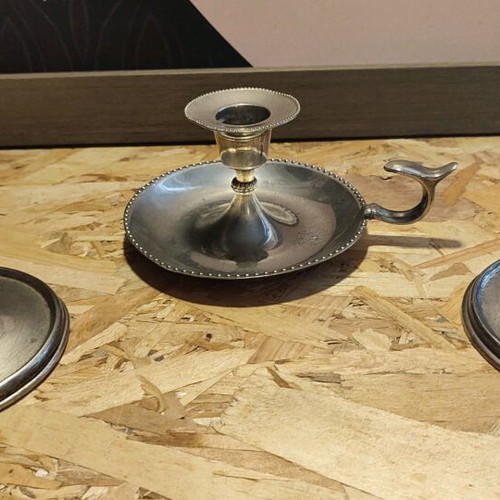 Vintage candlesticks used, set of three, including silver-plated blaker