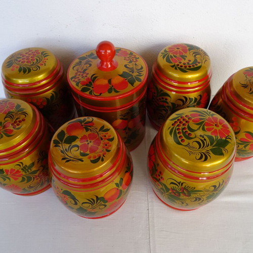 Khokhloma jars used, set of 7 wooden handmade vintage