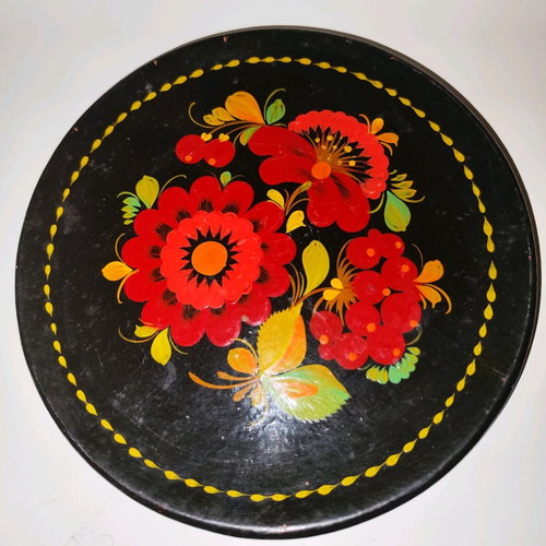 Wooden lacquered plate with flowers vintage, used, USSR