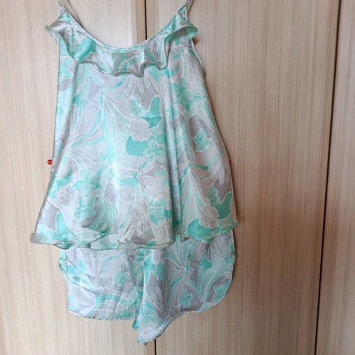 Daisy satin pajamas like new, gray turquoise with ruffles