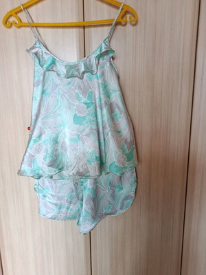Daisy satin pajamas like new, gray turquoise with ruffles