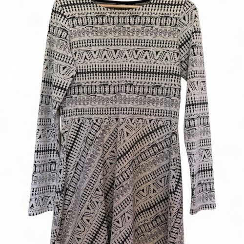 Monochrome Geometric Pattern Long Sleeve Y2K Dress, size L