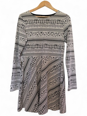 Monochrome Geometric Pattern Long Sleeve Y2K Dress, size L