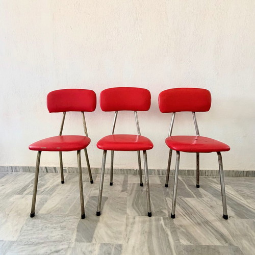 Vintage retro chairs set of 3 with red leather seats refurbished