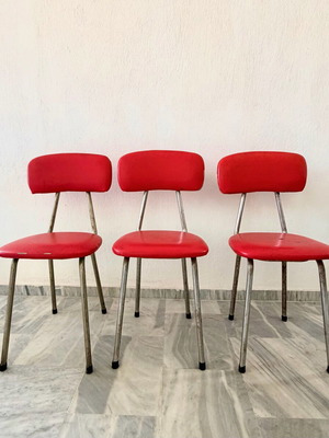 Vintage retro chairs set of 3 with red leather seats refurbished