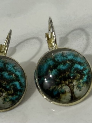 Earrings with Tree of Life graphic like new, alloy glass