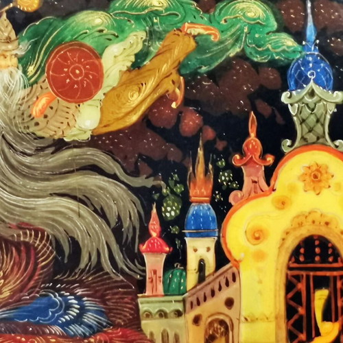Russian lacquer box used with hand-painted Ruslan and Ludmila design