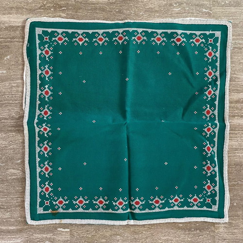 Vintage embroidery set used, green canvas square with three napkins