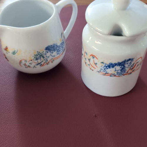 Stathopoulos collectible coffee set used with cups, sugar bowl, and creamer