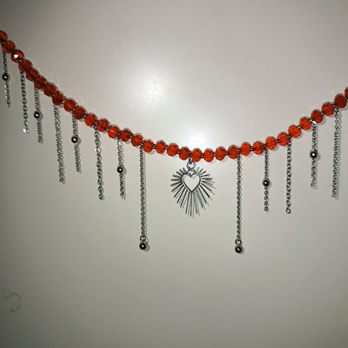 Steel necklace with red glass beads and chain fringes handmade new