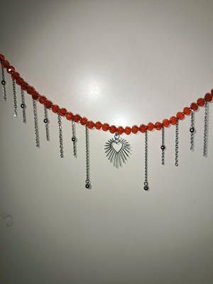 Steel necklace with red glass beads and chain fringes handmade new