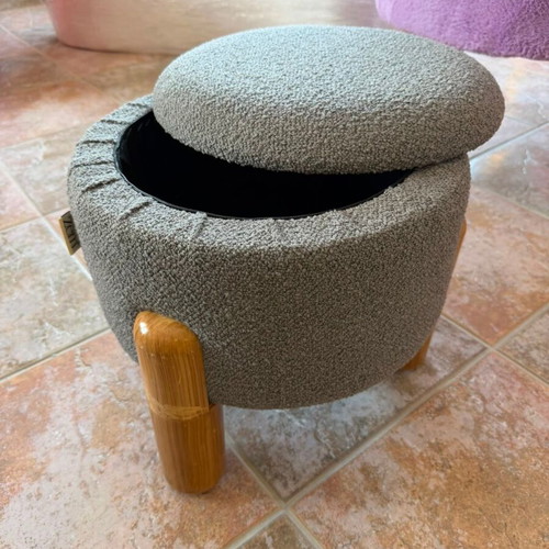 Teddy Bouclé Round Pouf with Storage 35x35x35cm New, Gray