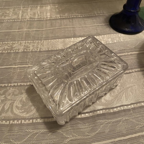 Carved glass jar with lid like new, 12x8 cm